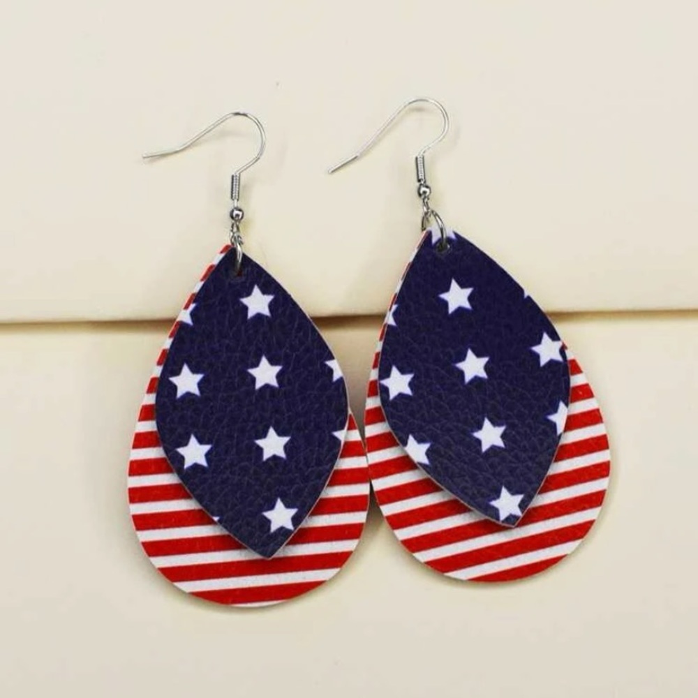 Stars & Stripes Water Drop Leaves Leather Earrings - Picture 2 of 4